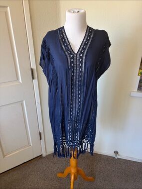 Navy Crochet V-Neck Fringe Tunic